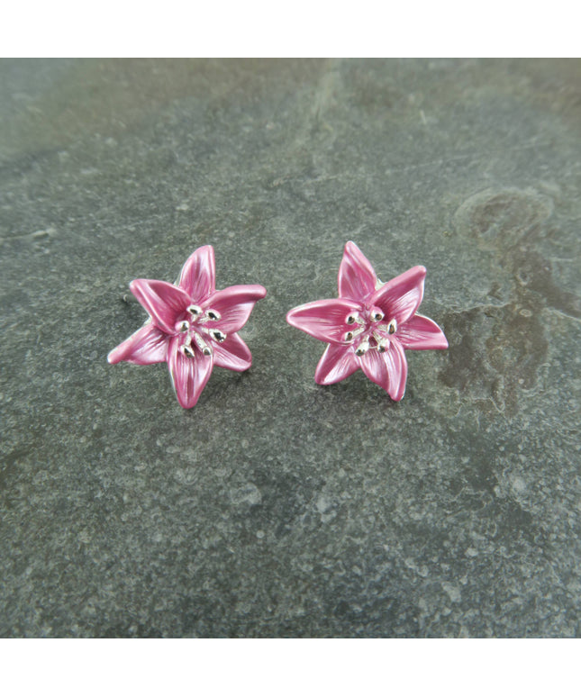 Lily Pink Star Gazer Flower Post Stud Earrings