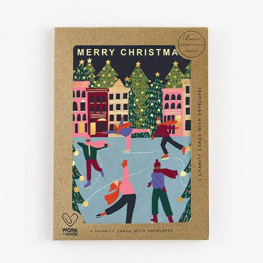 Pack of Christmas cards with illustrated people skating on an ice rink and Christmas trees.