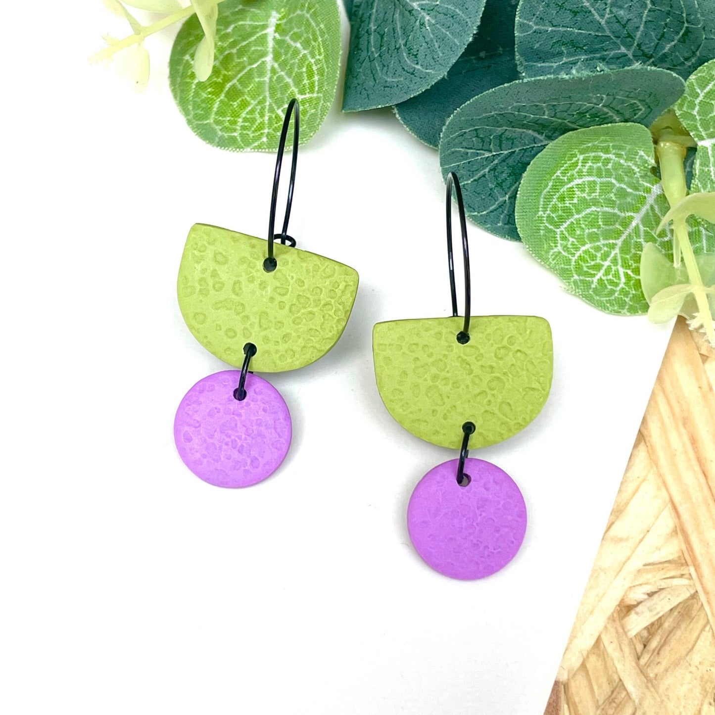 Pistachio Green Colour Block Hoop Earrings - Polymer Clay: Dangle - Lilac / Hoop - Black - The Red Squirrel