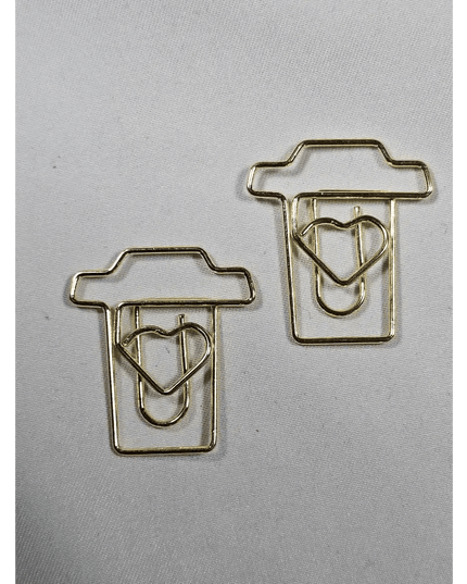 20 Coffee Cup paper clips in a tin. Gold Colour