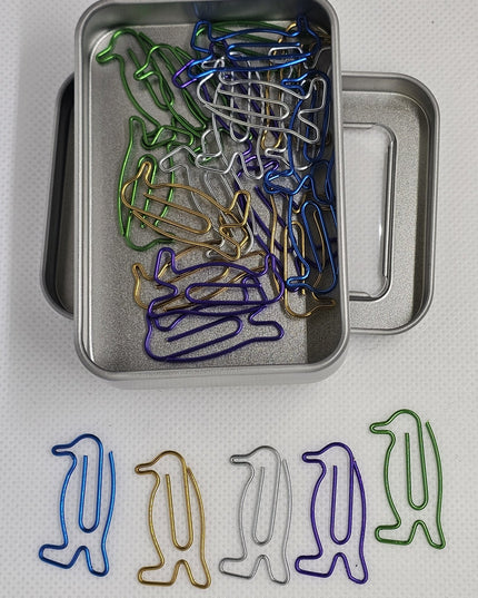 20 Penguin Paper clips in a tin