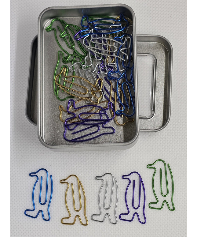 20 Penguin Paper clips in a tin
