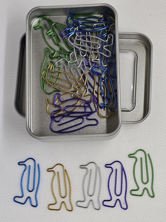 20 Penguin Paper clips in a tin