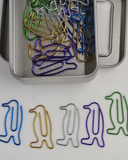 20 Penguin Paper clips in a tin