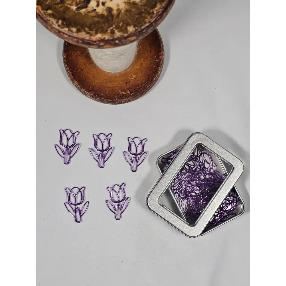 20 Tulip Paper clips in a tin - Purple - paper clips