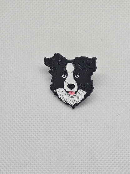 Black and white Border Collie enamel pin badge, perfect for dog lovers to accessorize clothing and bags.