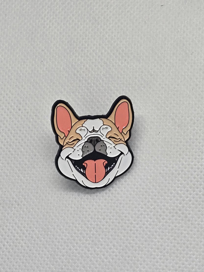 Smiling French Bulldog enamel pin badge, perfect for dog lovers to accessorize clothing and bags.