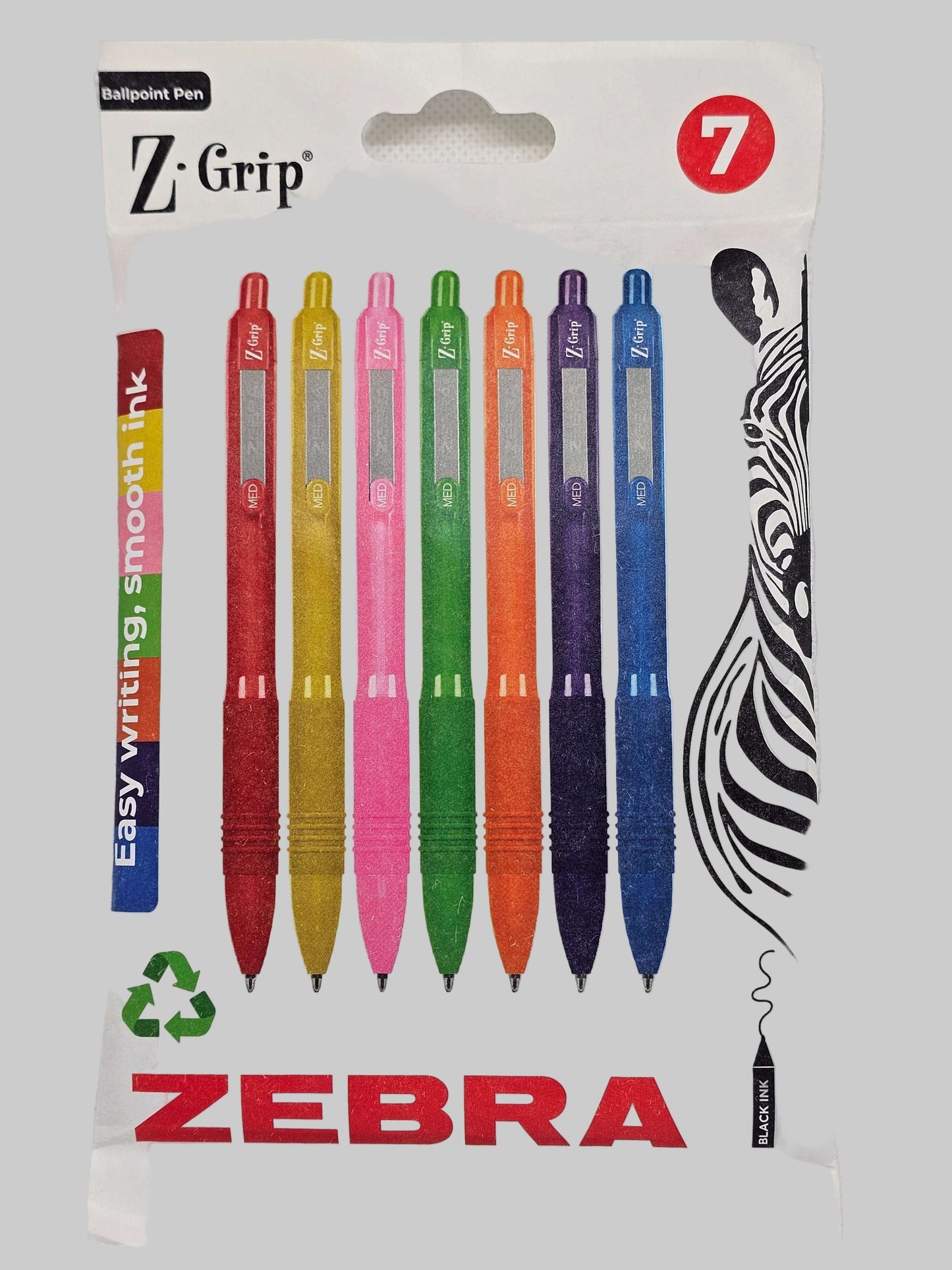 Pack of Zebra pens with colorful barrels on a white background