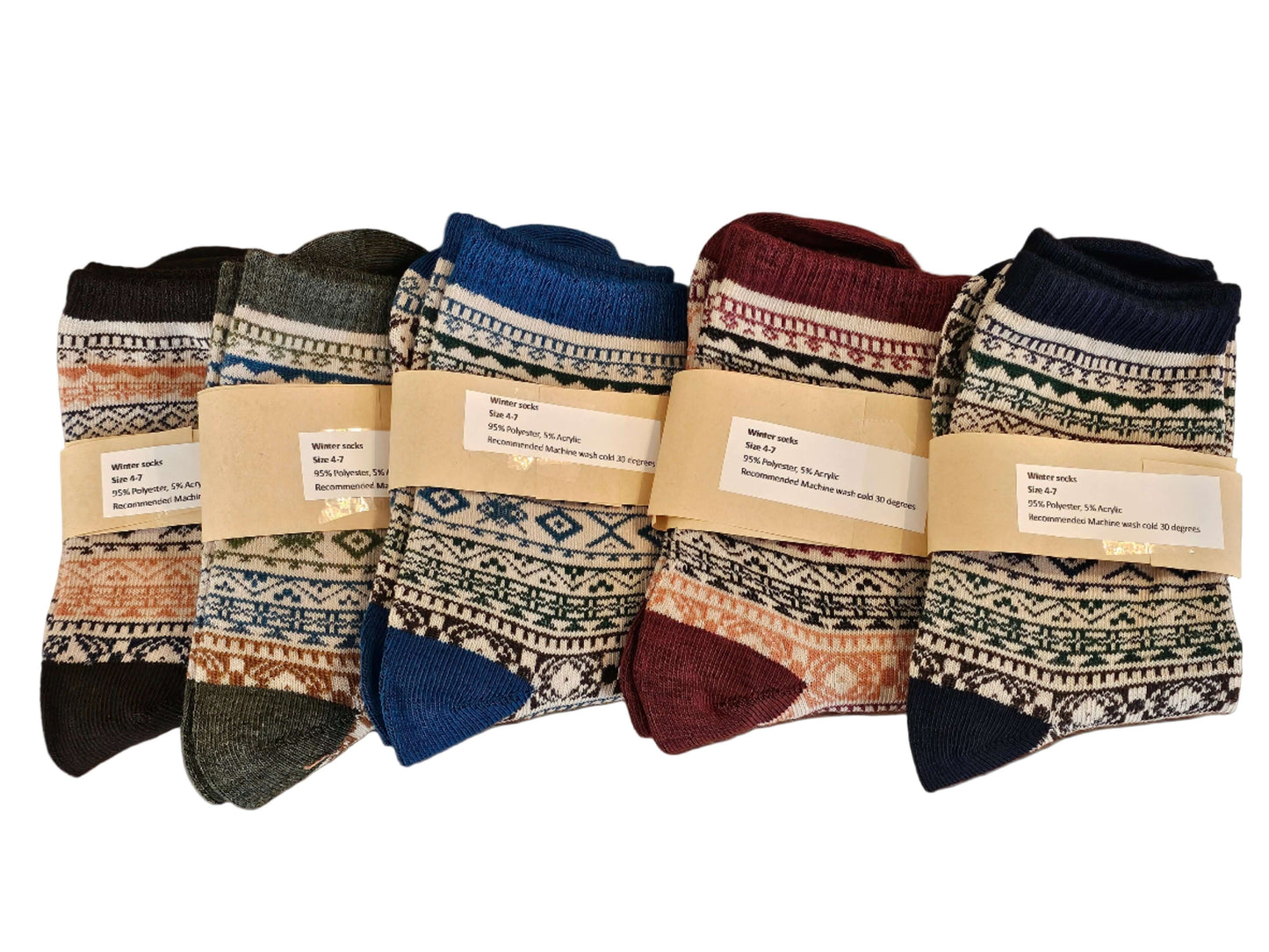 Set of patterned socks on a wooden surface