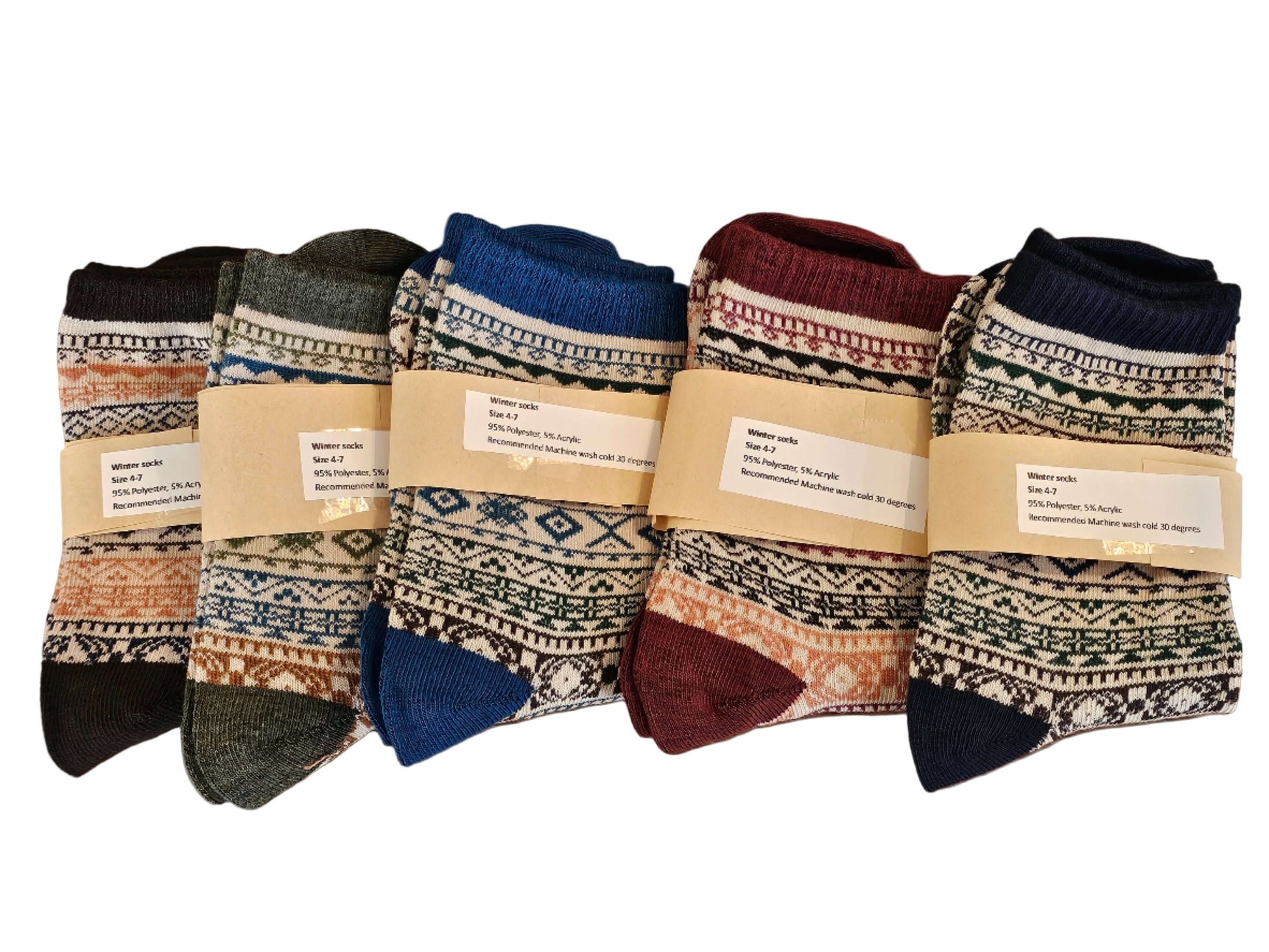 Set of patterned socks on a wooden surface