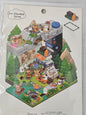 Colorful board game map with cartoon characters on a white background