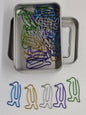 Metal tin with colorful paper clips on a white background