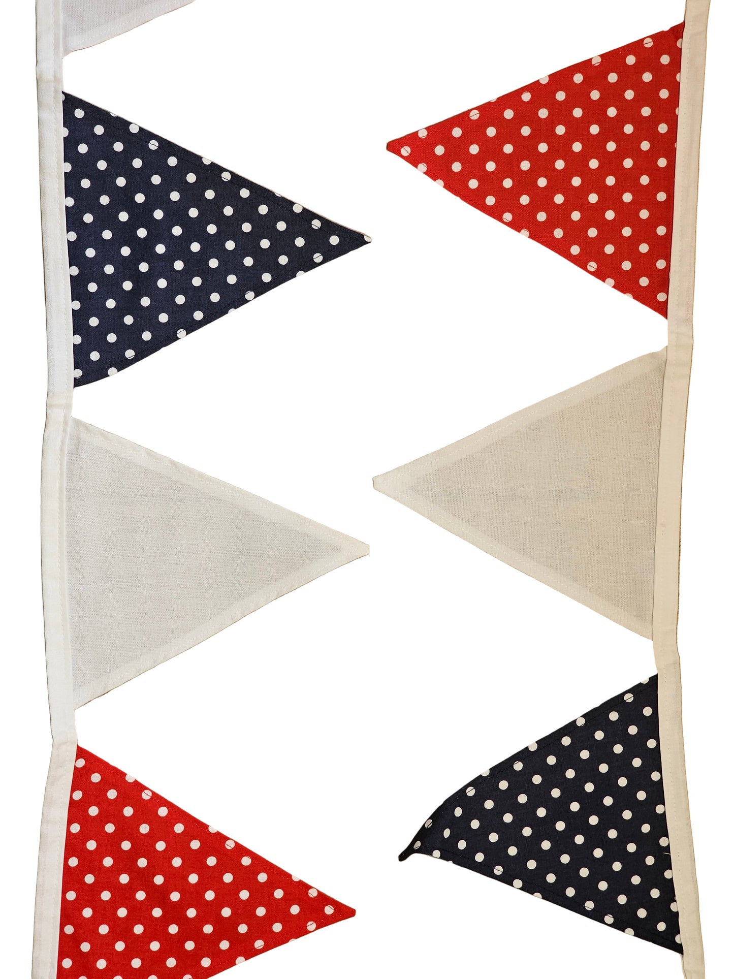 Bunting with red, white, and blue polka dot and solid flags on a wooden background