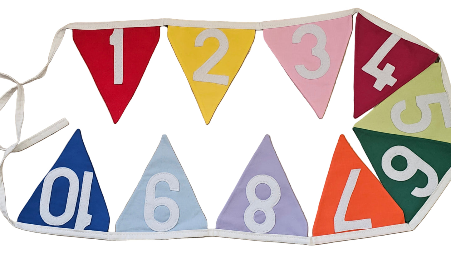 Colorful number banner on a wooden surface