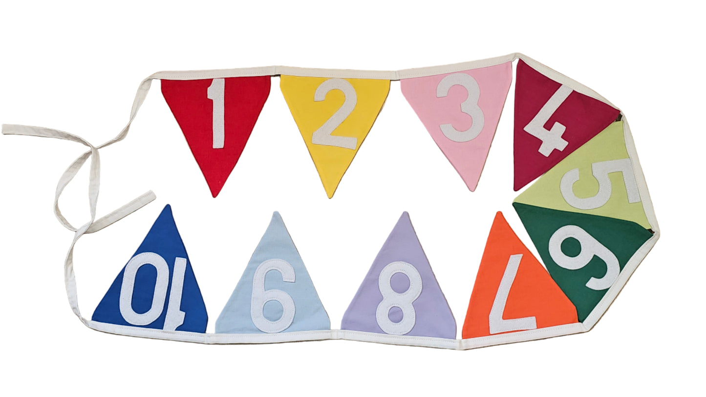 Colorful number banner on a wooden surface