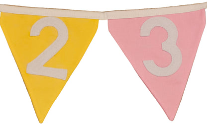 Numbered triangular flags with '2' on yellow, '3' on pink, and red flag partially visible on a wooden floor.