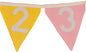 Numbered triangular flags with '2' on yellow, '3' on pink, and red flag partially visible on a wooden floor.