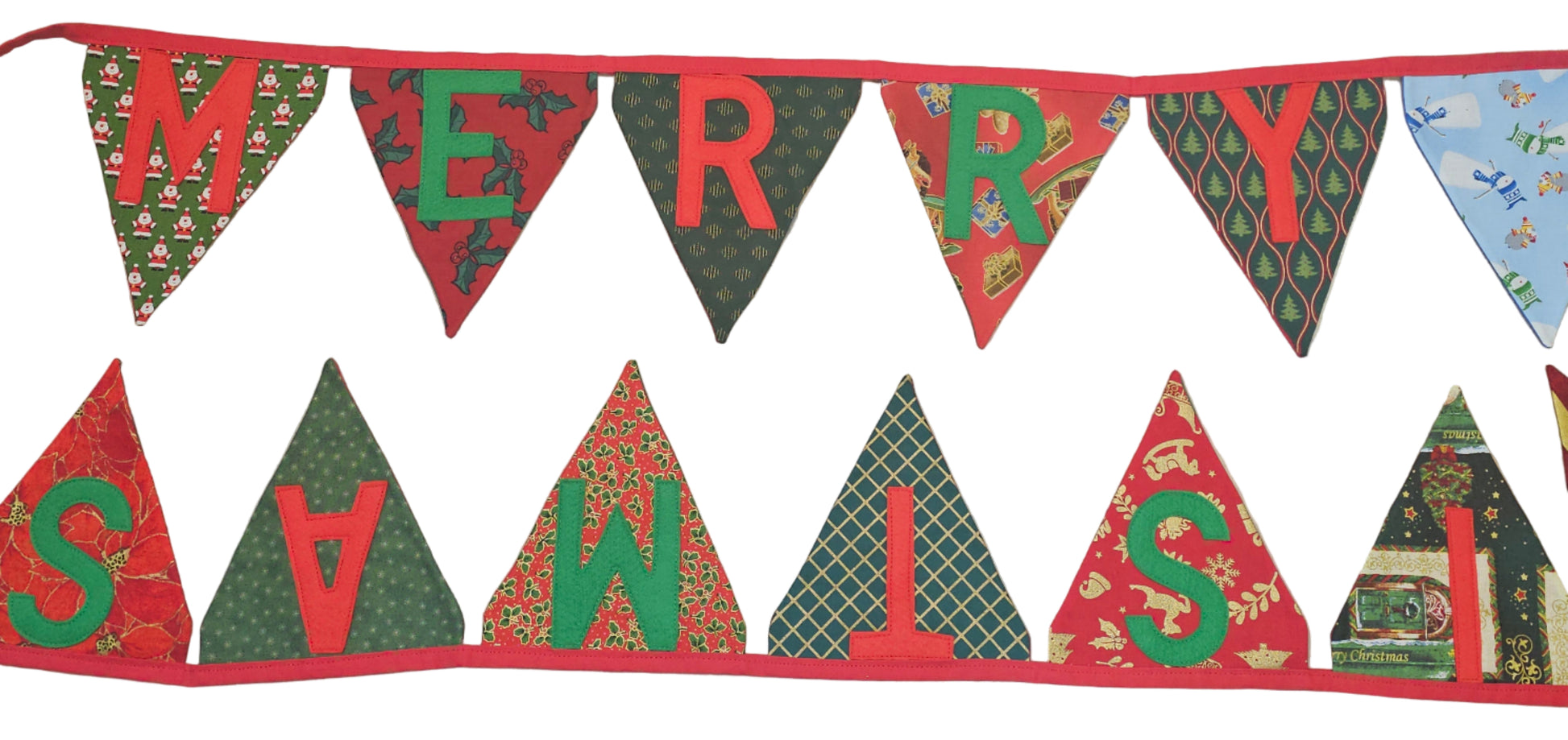 Decorative Christmas banner with triangular flags on a wooden surface