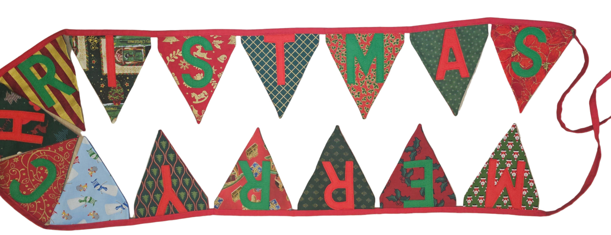 Decorative banner with Christmas-themed triangles on a wooden background