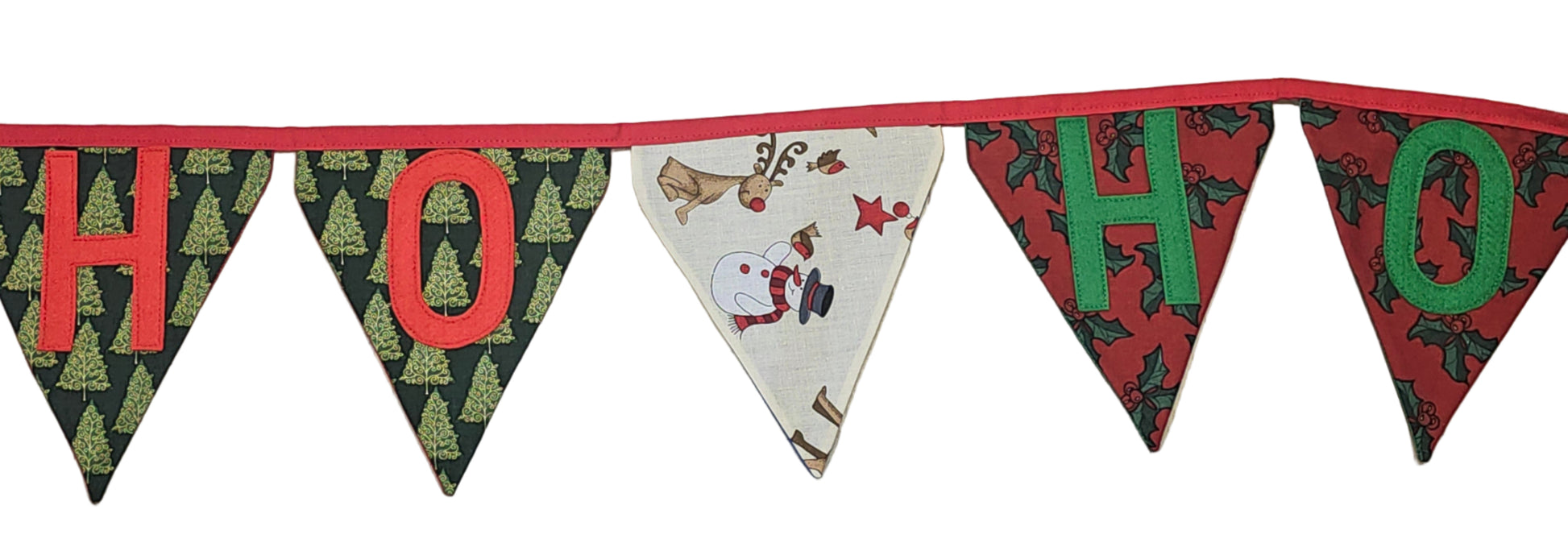 Christmas-themed banner with 'HO HO' on a wooden surface