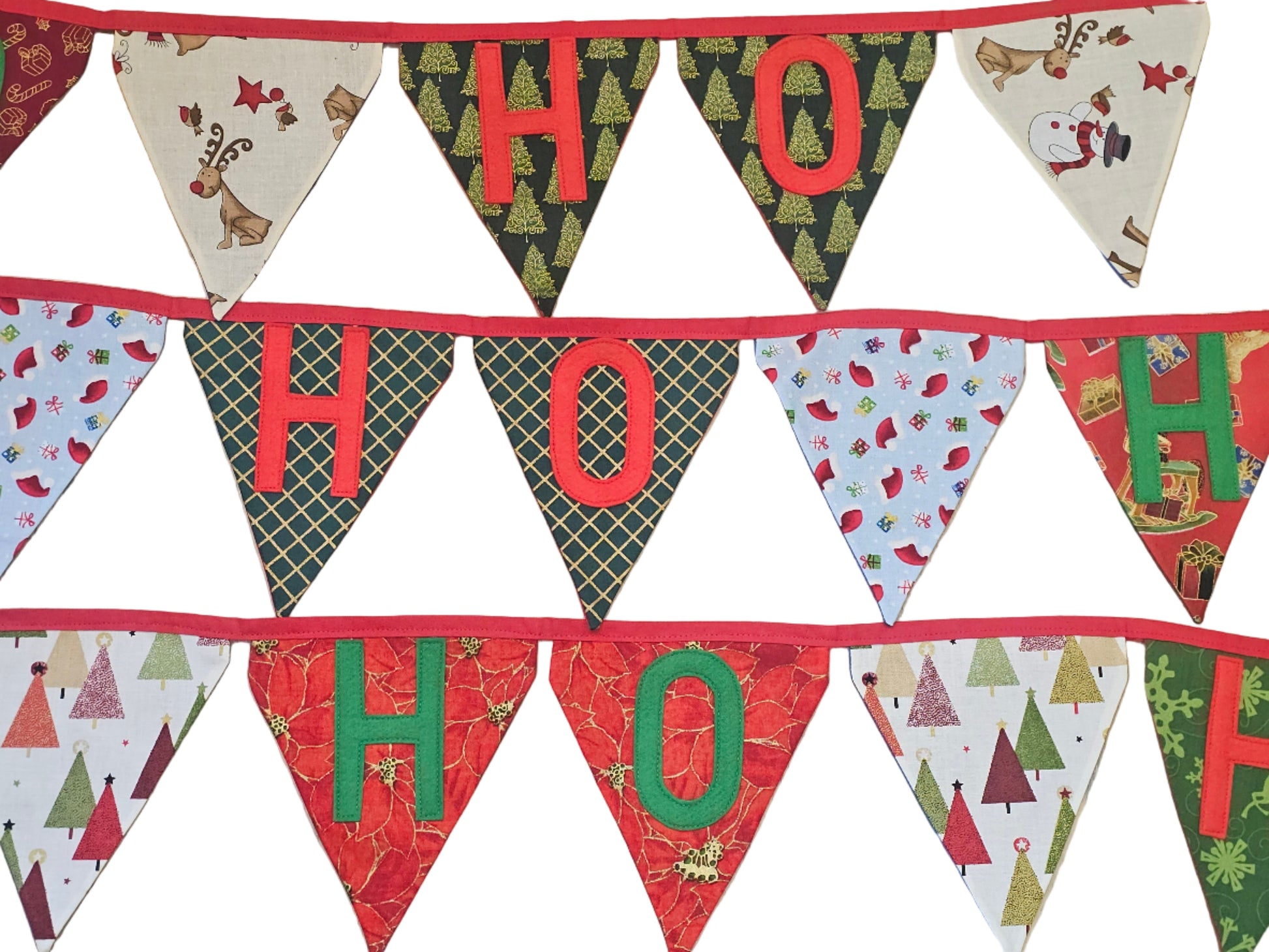 Christmas-themed fabric banner with 'HO HO HO' text on a wooden surface