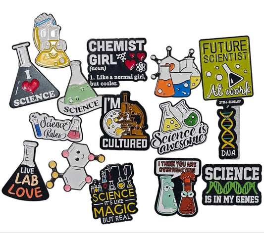 Science themed pin badges (various designs) - The Red Squirrel