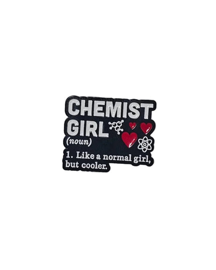 Science themed pin badges (various designs) Chemist Girl
