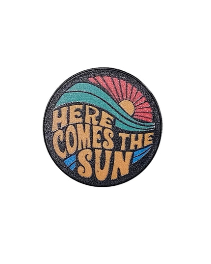 Music themed pin badges Here comes the Sun
