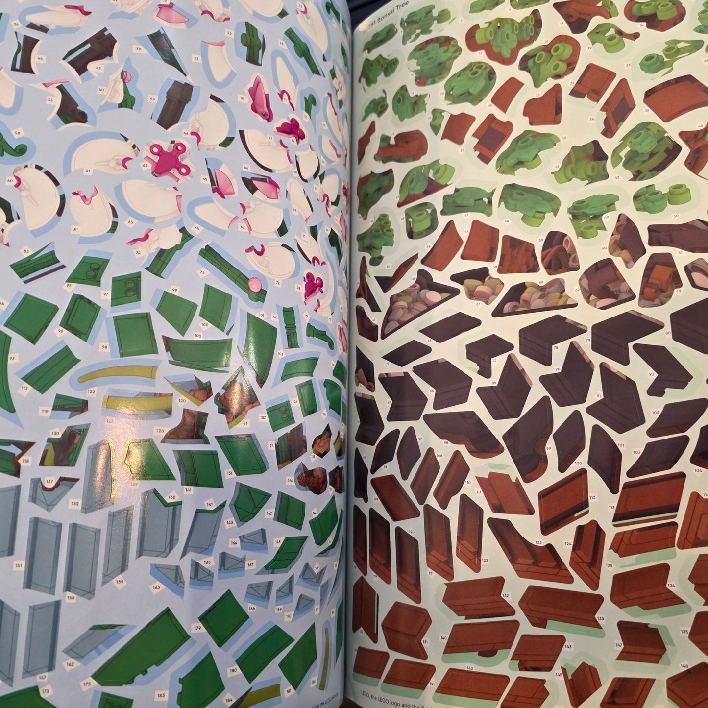 Two pages of a book showing LEGO plant stickers with different colours and shapes.