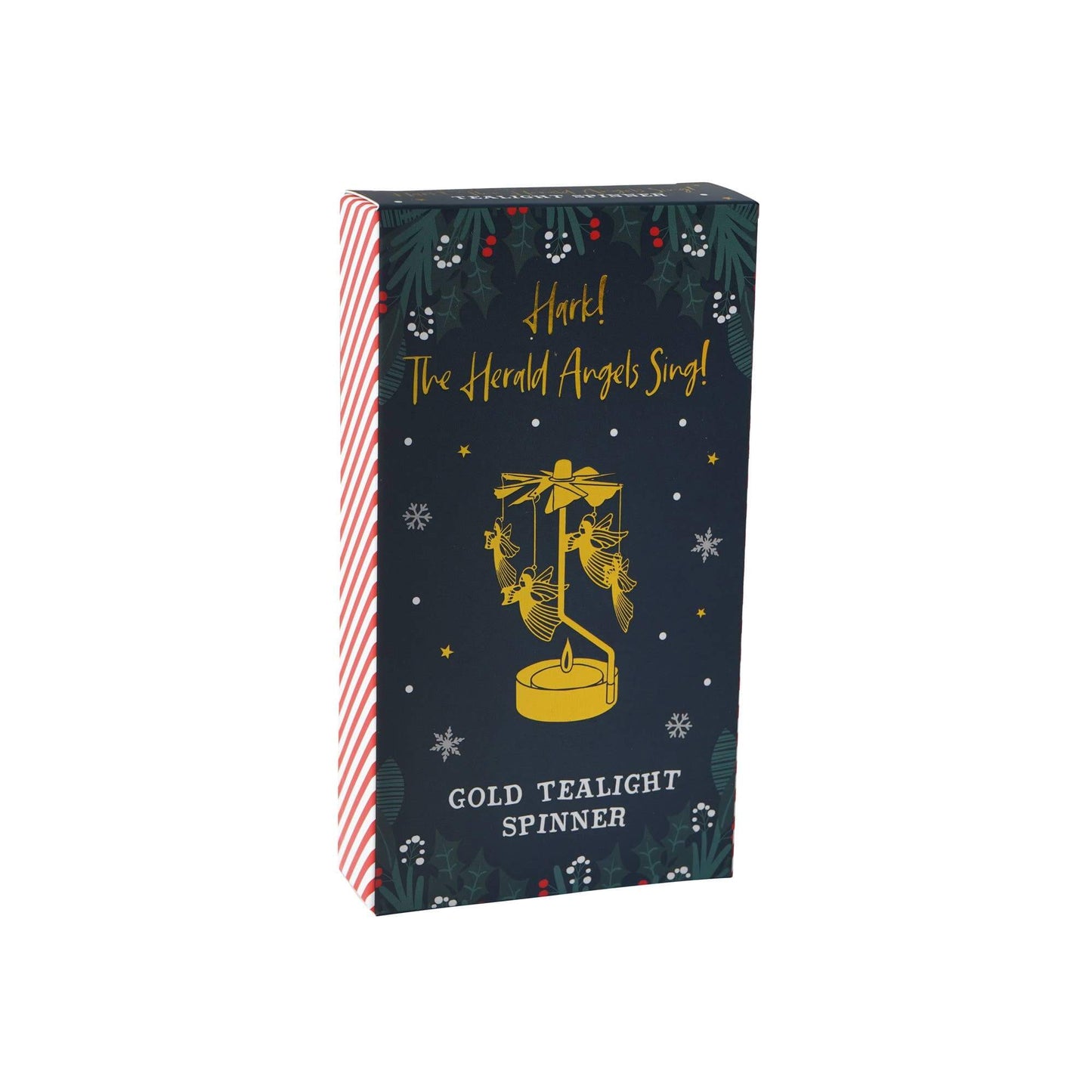 Box for a gold tealight spinner with festive design on a white background