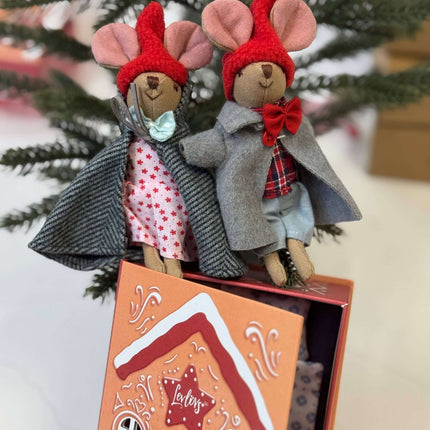 Cute Winter Mice in a Box – LevLov Mouse Set with Bed & Gingerbread House