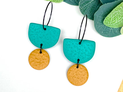 Emerald Green Colour Block Hoop Earrings - Polymer Clay Dangle - Yellow Hoop - Black
