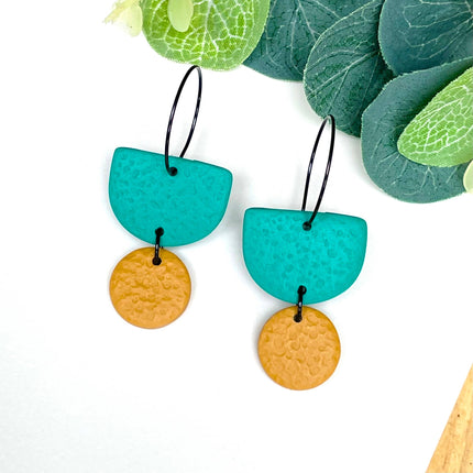 Emerald Green Colour Block Hoop Earrings - Polymer Clay Dangle - Yellow Hoop - Black