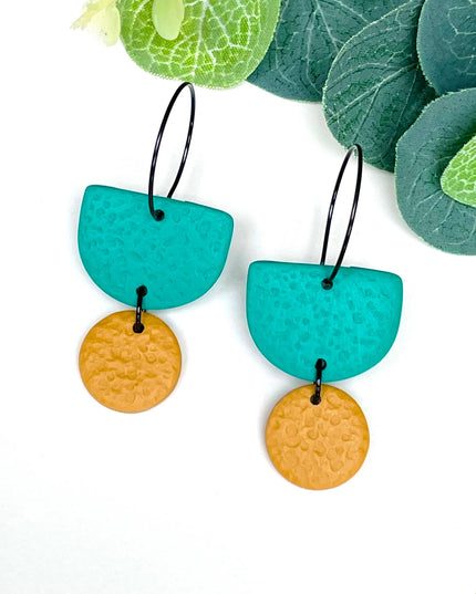 Emerald Green Colour Block Hoop Earrings - Polymer Clay Dangle - Yellow Hoop - Black