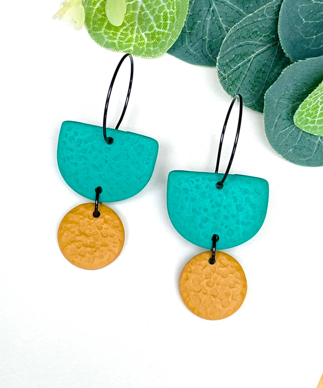Emerald Green Colour Block Hoop Earrings - Polymer Clay Dangle - Yellow Hoop - Black