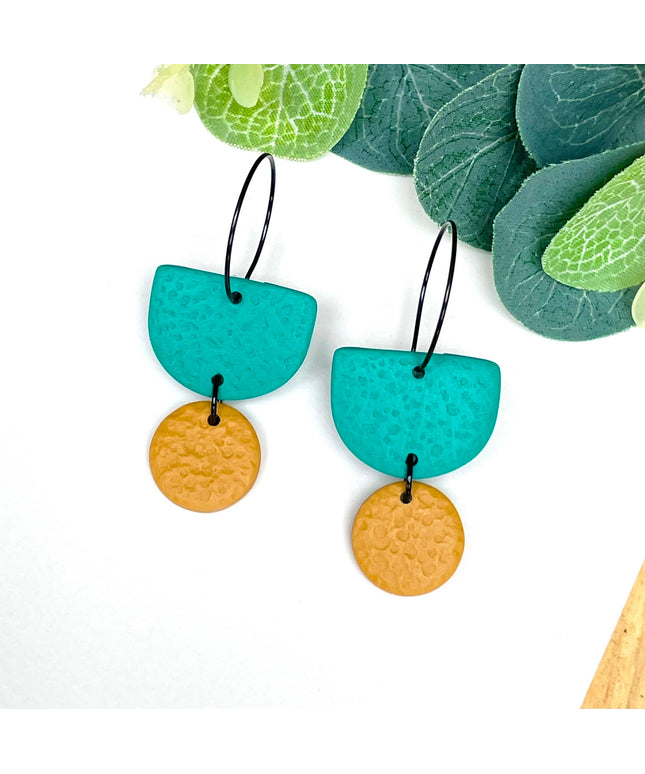 Emerald Green Colour Block Hoop Earrings - Polymer Clay Dangle - Yellow Hoop - Black