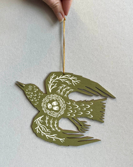 Screenprinted Wooden Decoration - Woodland Bird - Olive Green