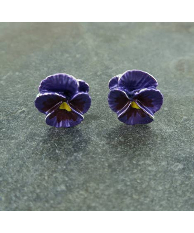 Pansy Purple Clip On Earrings, Silver Plated
