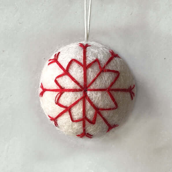 White spherical ornament with red snowflake pattern on a light gray background