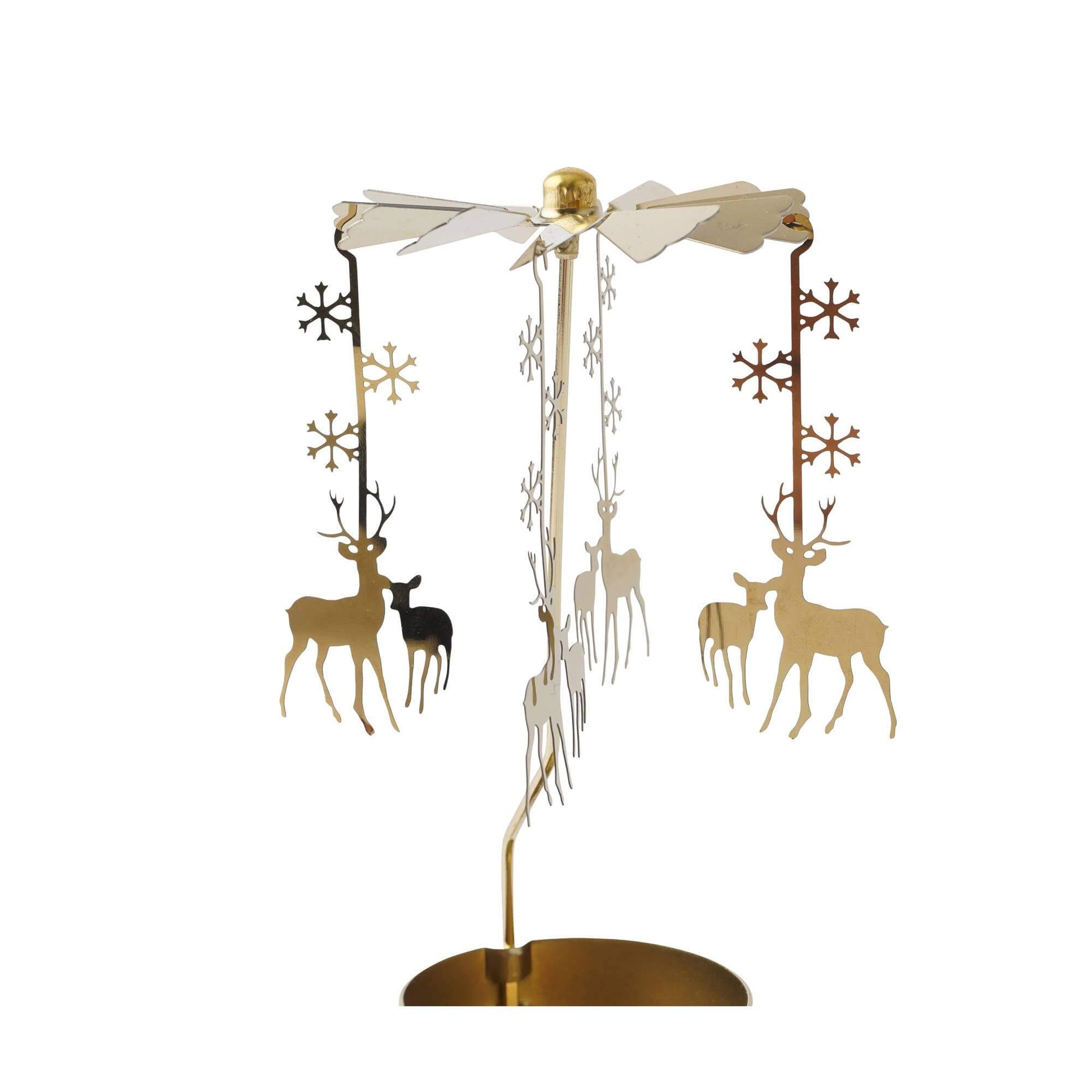 Decorative metal stand with deer and snowflake designs on a white background