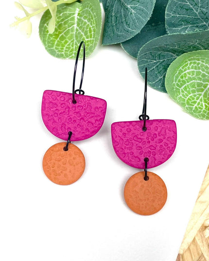Hot Pink Colour Block Hoop Earrings - Polymer Clay