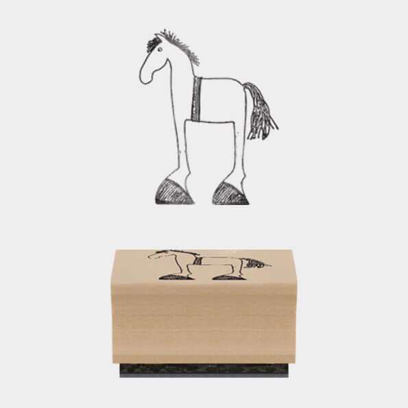 Wooden horse-shaped stamp with a matching illustration on a white background