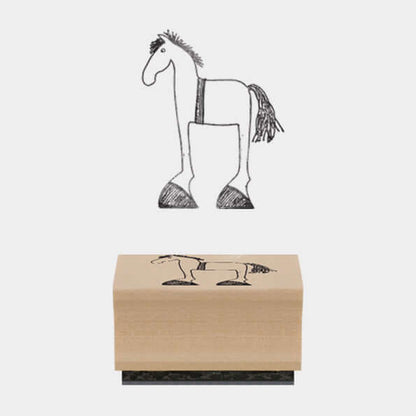 Wooden horse-shaped stamp with a matching illustration on a white background