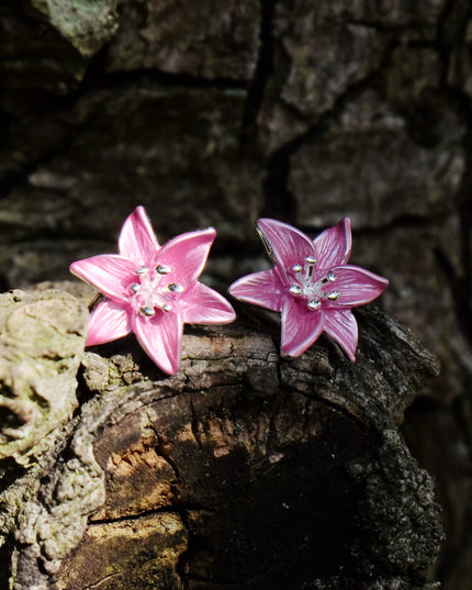 Lily Pink Star Gazer Flower Post Stud Earrings