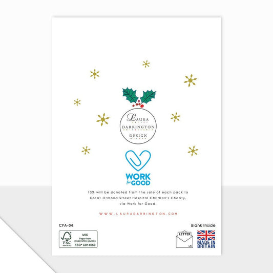 Charity Christmas Card Pack - holly leaves design featuring Christmas holly and charity donation details.
