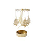 Gold metal tealight holder with hanging Christmas tree decorations on a white background