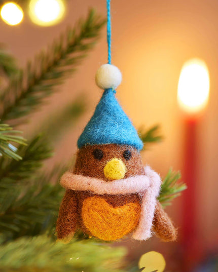 Set of 5 Hanging Felt Robin Christmas Decorations