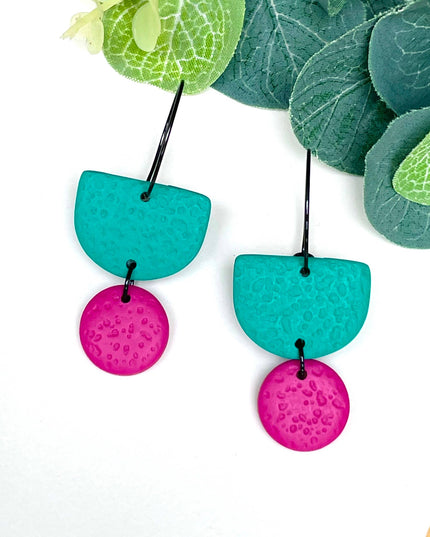 Emerald Green Colour Block Hoop Earrings - Polymer Clay Dangle - Lilac Hoop - Black