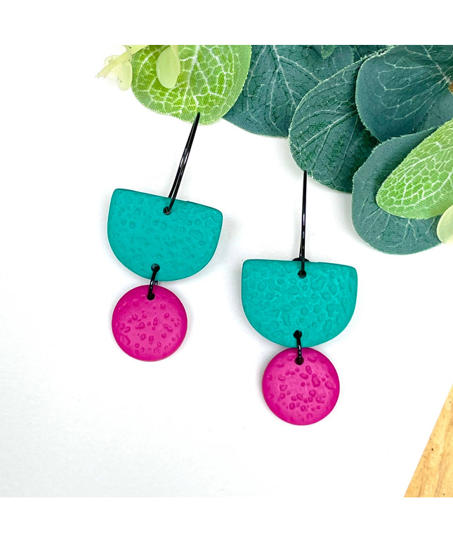 Emerald Green Colour Block Hoop Earrings - Polymer Clay Dangle - Lilac Hoop - Black
