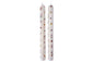 Two white candles with speckled patterns on a white background